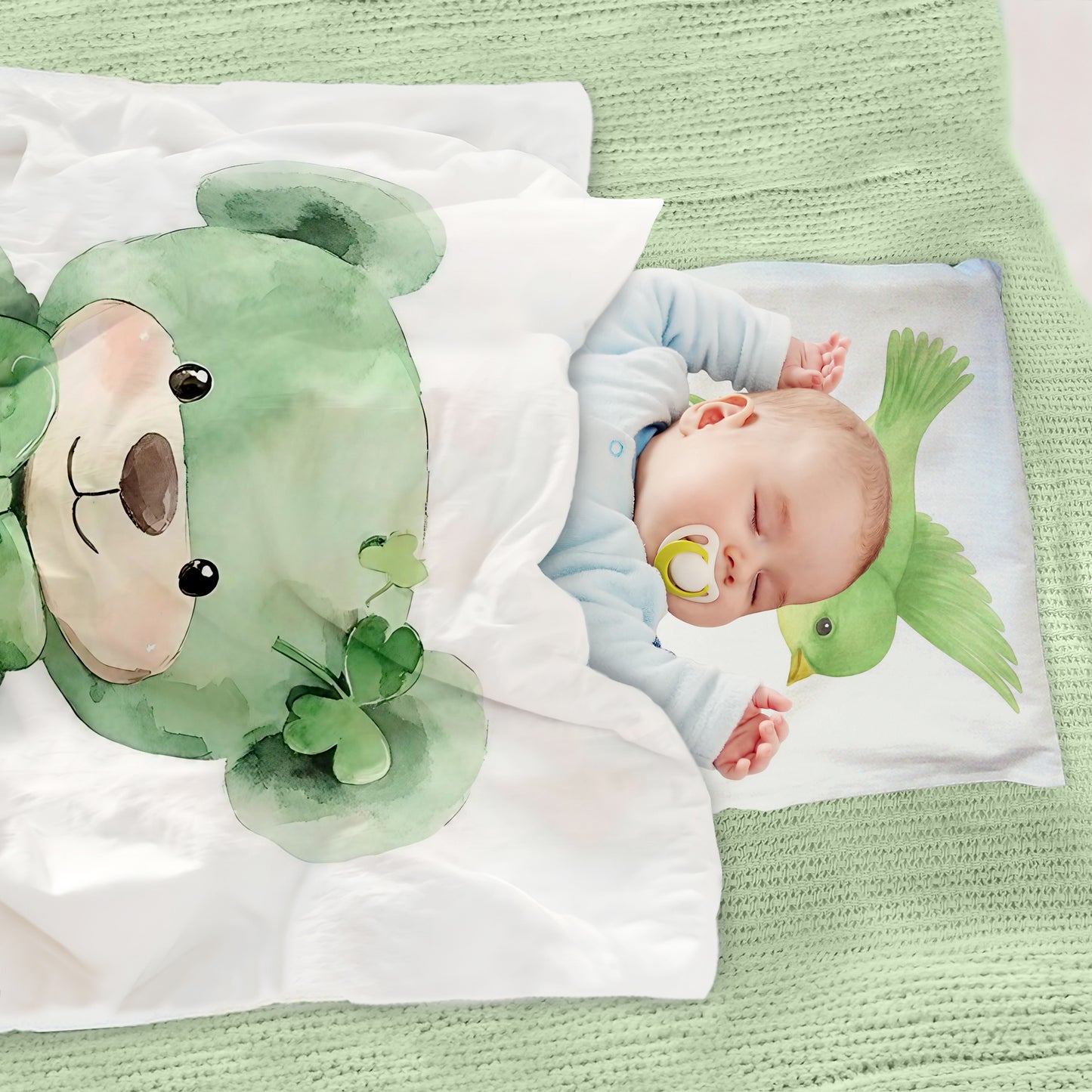 Green Bow Bear Cot Set