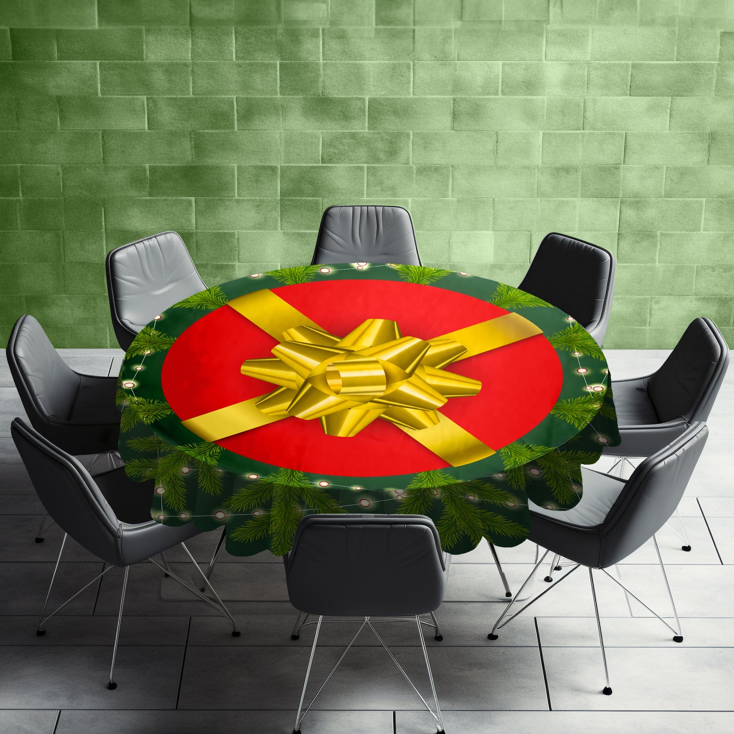Green Christmas Round Tablecloth