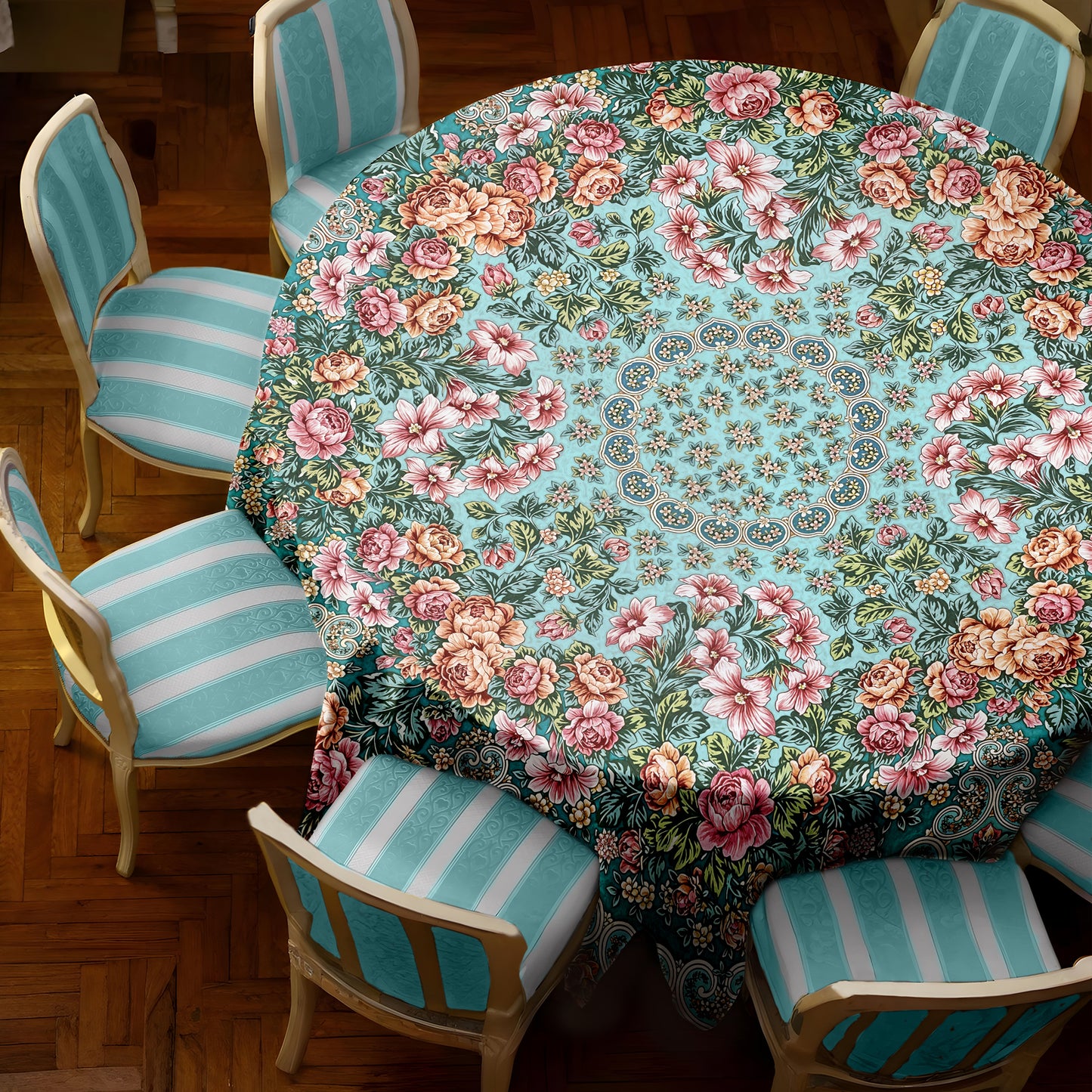Green Floral 2,3m Round Tablecloth