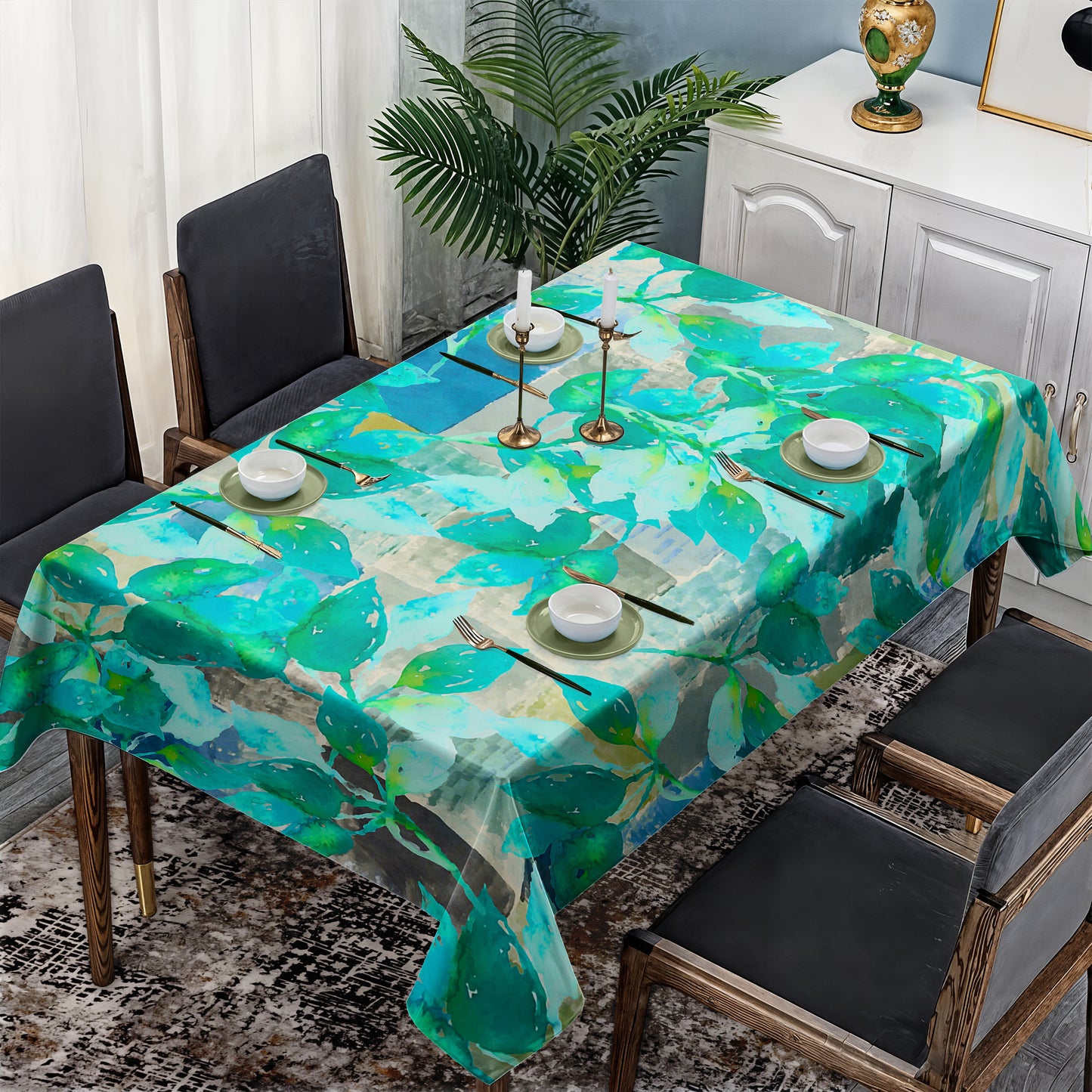 Green Leaves on Rustic Grey Rectangle Tablecloth By Mark Van Vuuren