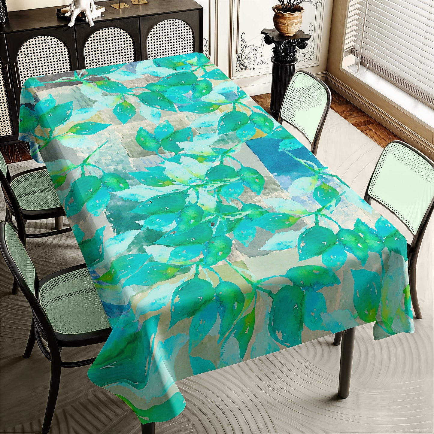 Green Leaves on Rustic Grey Rectangle Tablecloth By Mark Van Vuuren