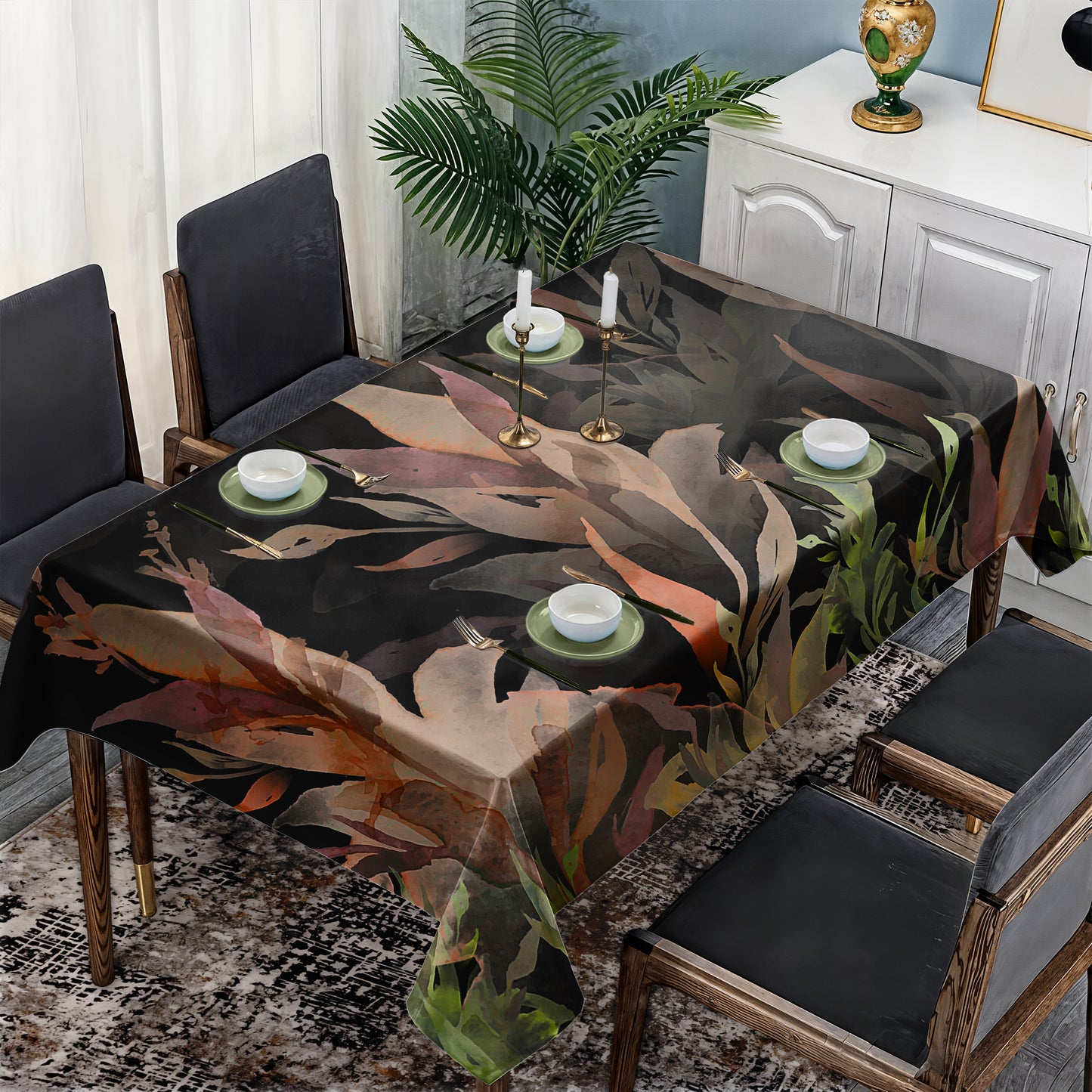Green Leaves on a Black Background Rectangle Tablecloth By Mark Van Vuuren