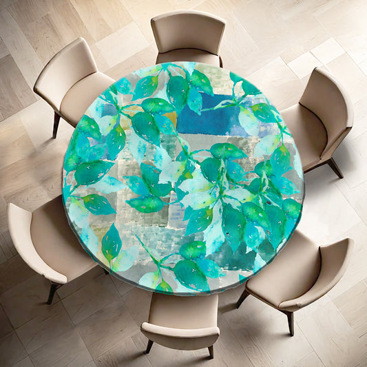 Green Leaves on Rustic Grey Round Tablecloth By Mark Van Vuuren