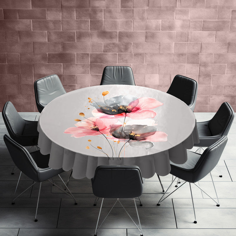 Grey and Pink Poppy Round Tablecloth