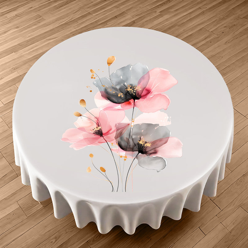 Grey and Pink Poppy Round Tablecloth