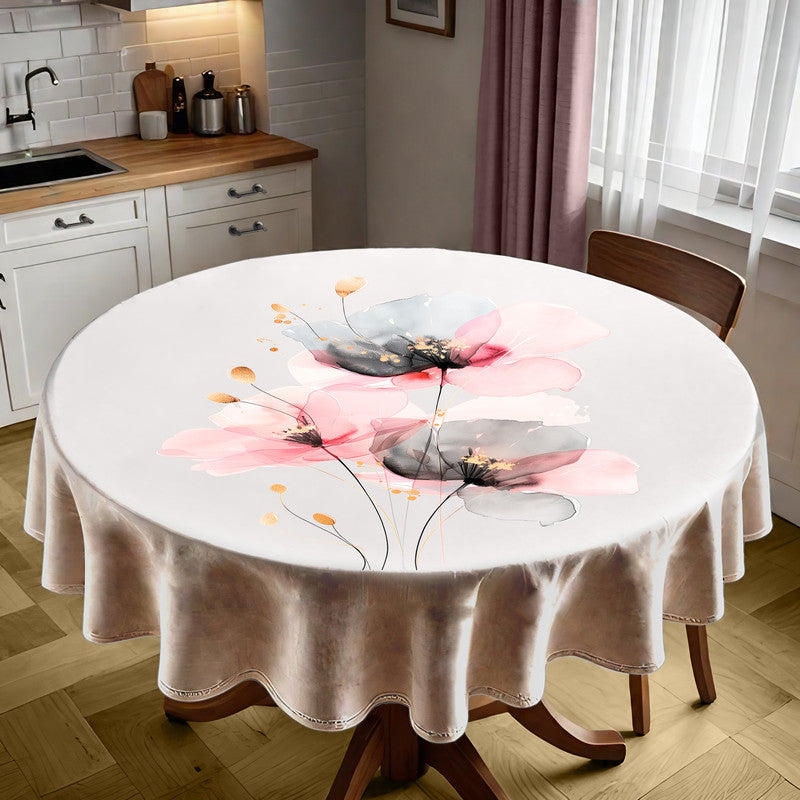 Grey and Pink Poppy Round Tablecloth