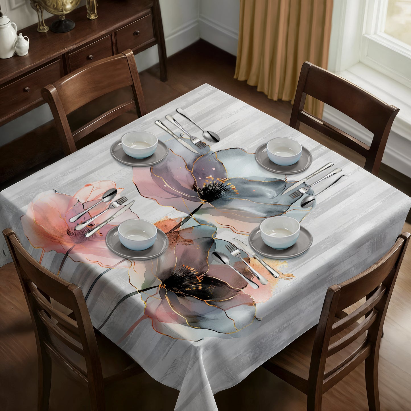 Grey Poppy Square Tablecloth