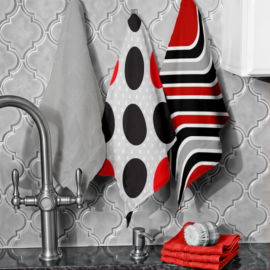 Grey Red Black Dish Cloth (Set of 3)
