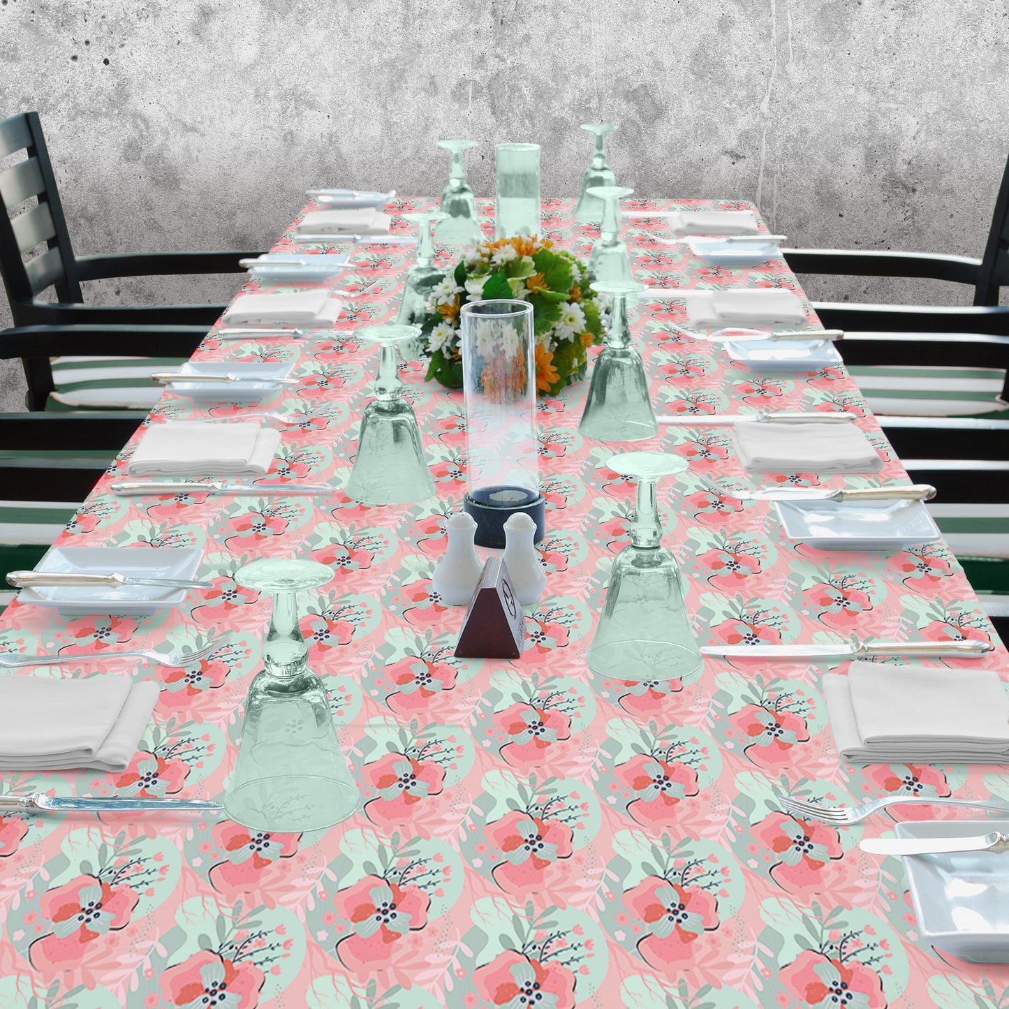 Grey and Rose Pink Floral Illustration 3m Rectangle Tablecloth