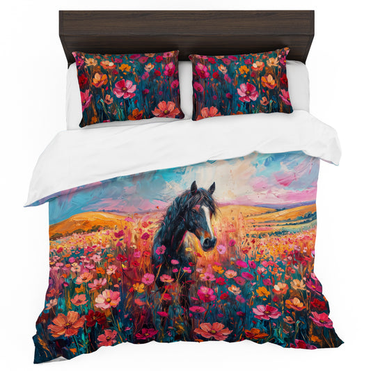 Horse in Wildflower Field Duvet Cover Set