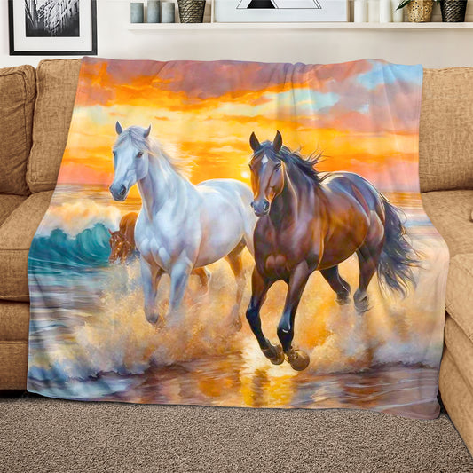 Horses Galloping Along The Shore Light Weight Fleece Blanket
