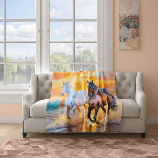 Horses Galloping Along The Shore Light Weight Fleece Blanket