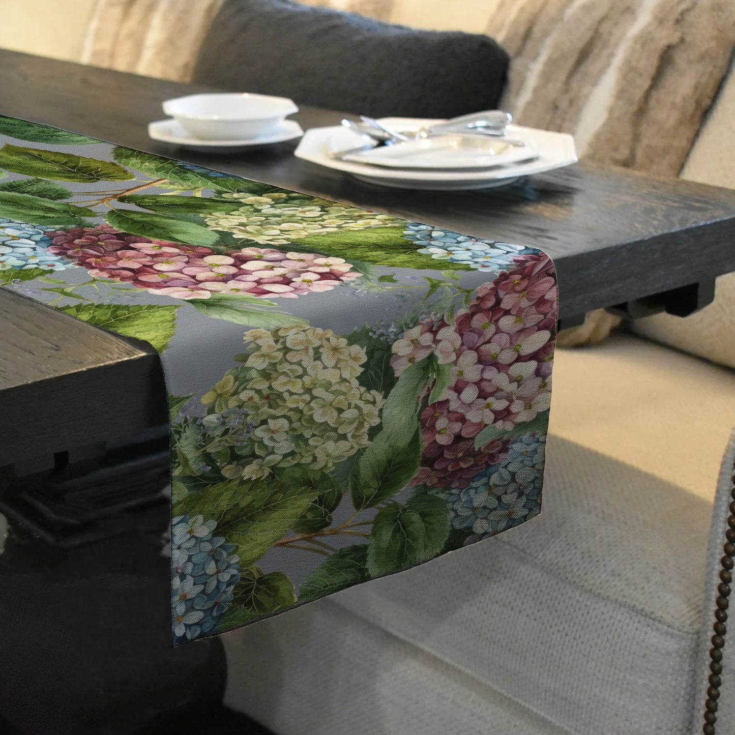 Hydrangeas On Grey Table Runner by Mark van Vuuren