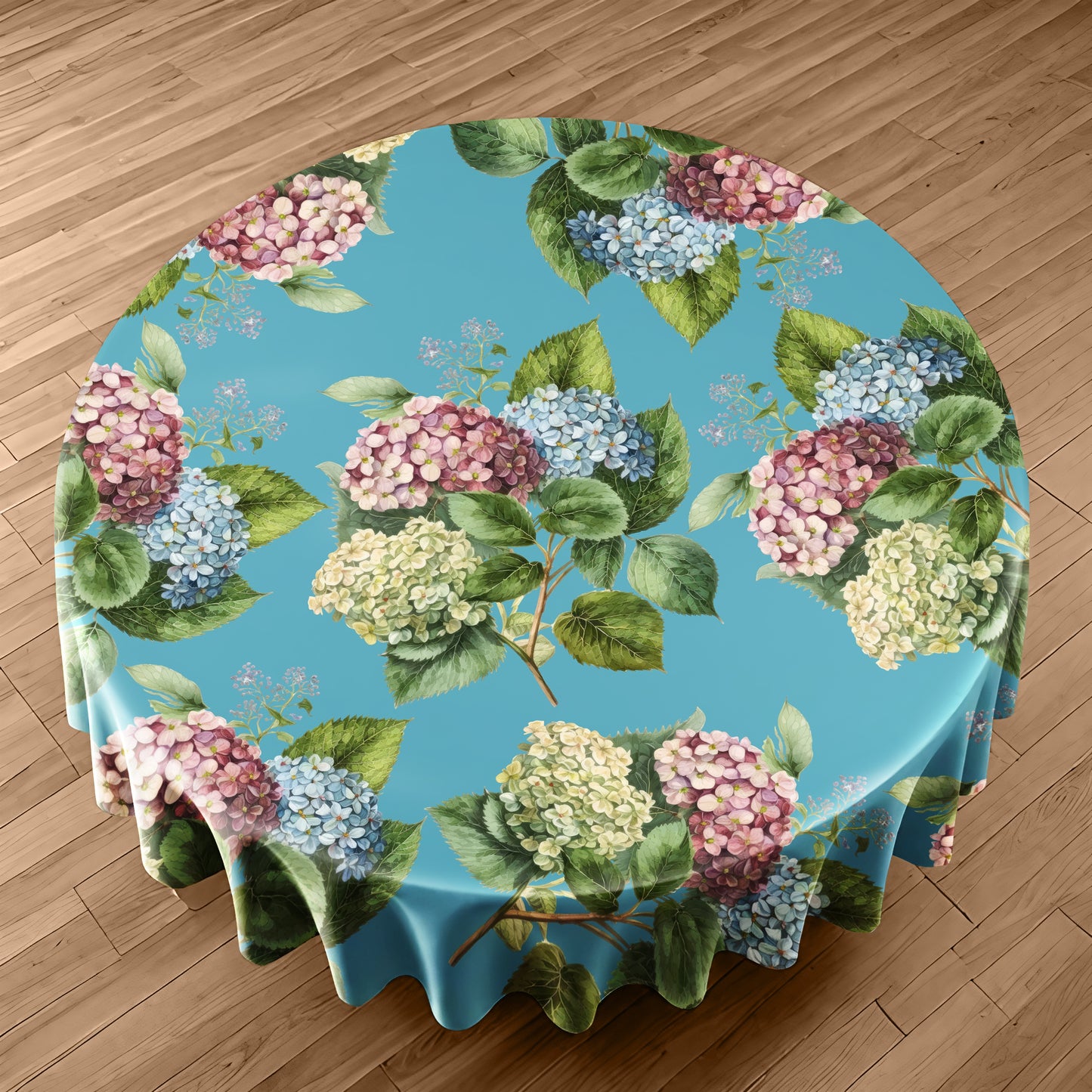 Hydrangeas On Sea Green Round Tablecloth by Mark van Vuuren