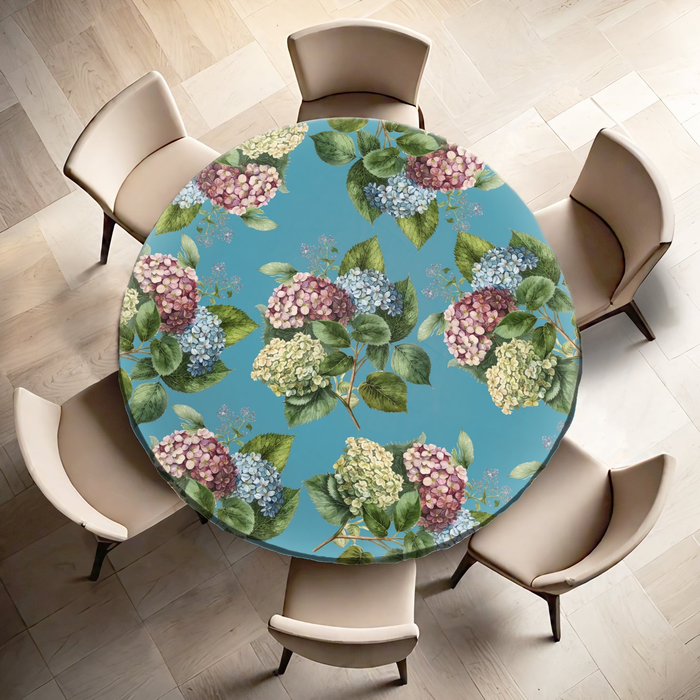 Hydrangeas On Sea Green Round Tablecloth by Mark van Vuuren