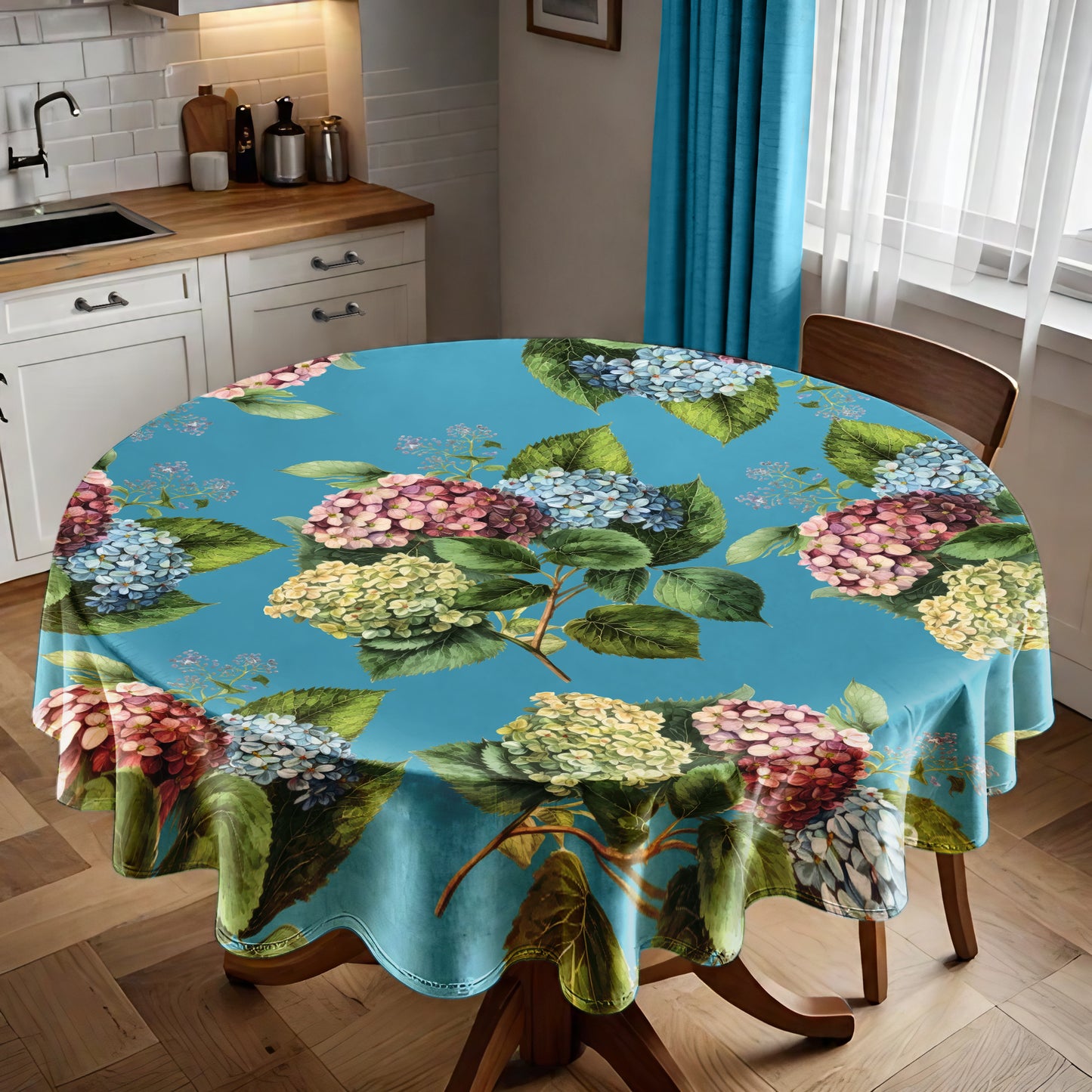 Hydrangeas On Sea Green Round Tablecloth by Mark van Vuuren