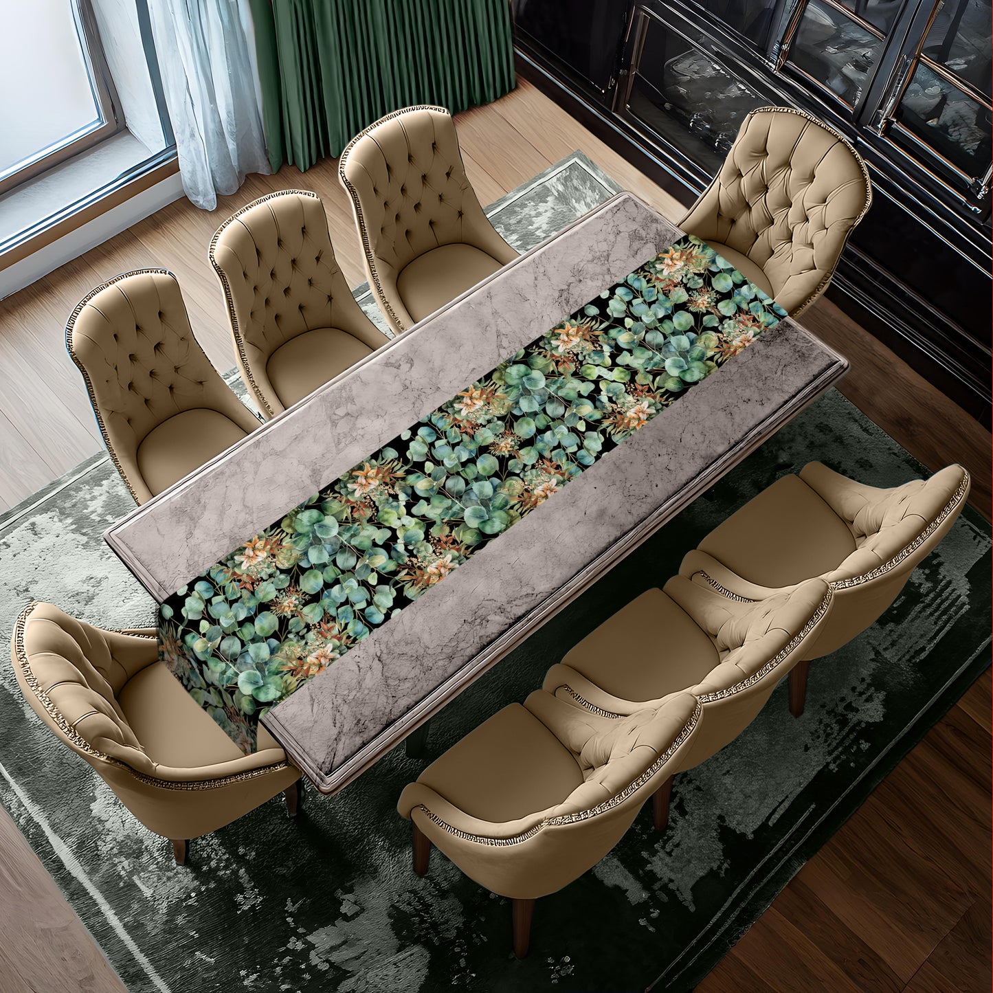 Green on Black Leaf Bouquet Table Runner  By Mark Van Vuuren