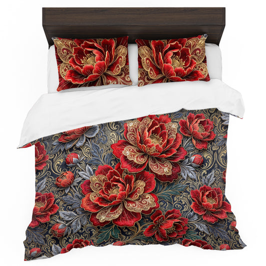 Imperial Red Peonies Duvet Cover Set