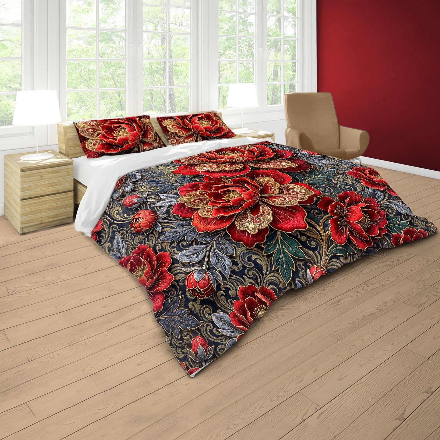 Imperial Red Peonies Duvet Cover Set