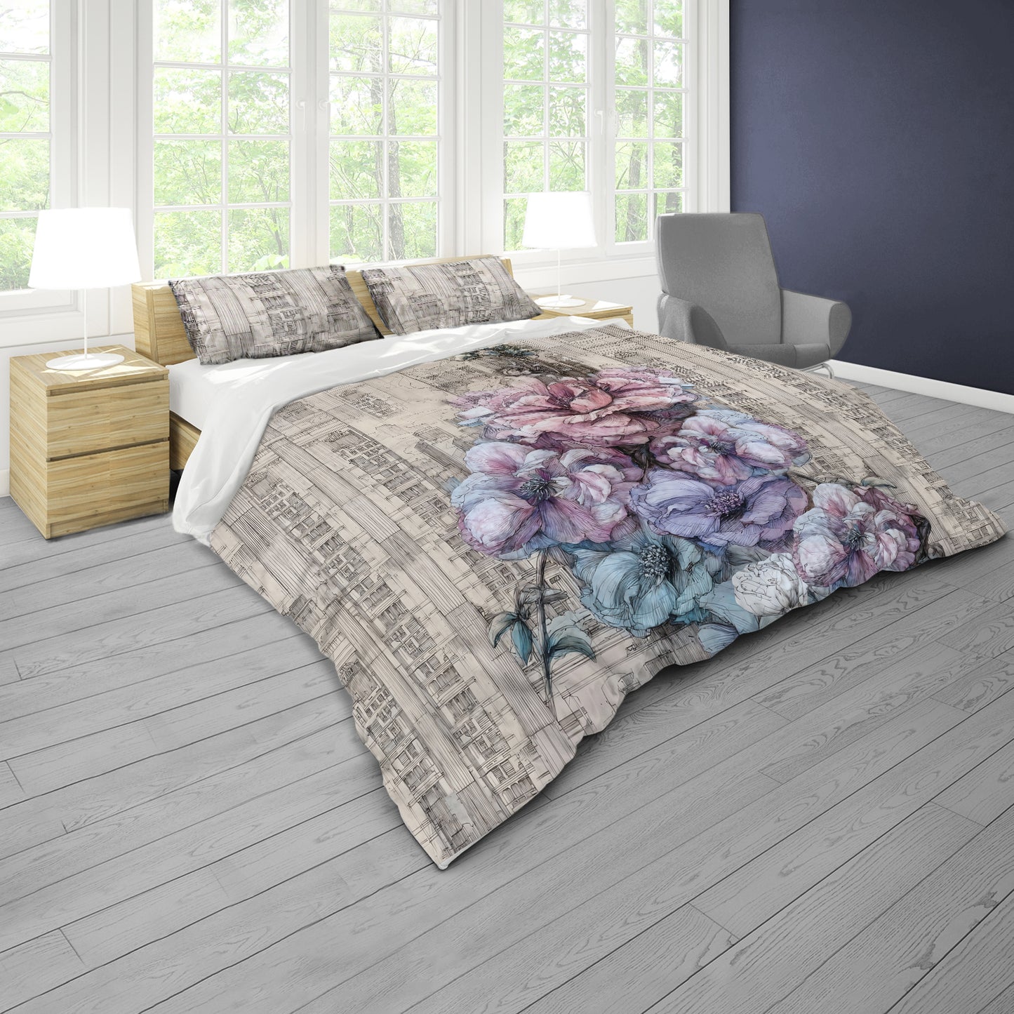 Ink-Line Peonies Duvet Cover Set