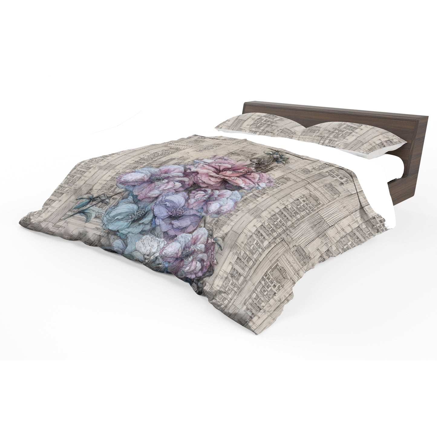 Ink-Line Peonies Duvet Cover Set