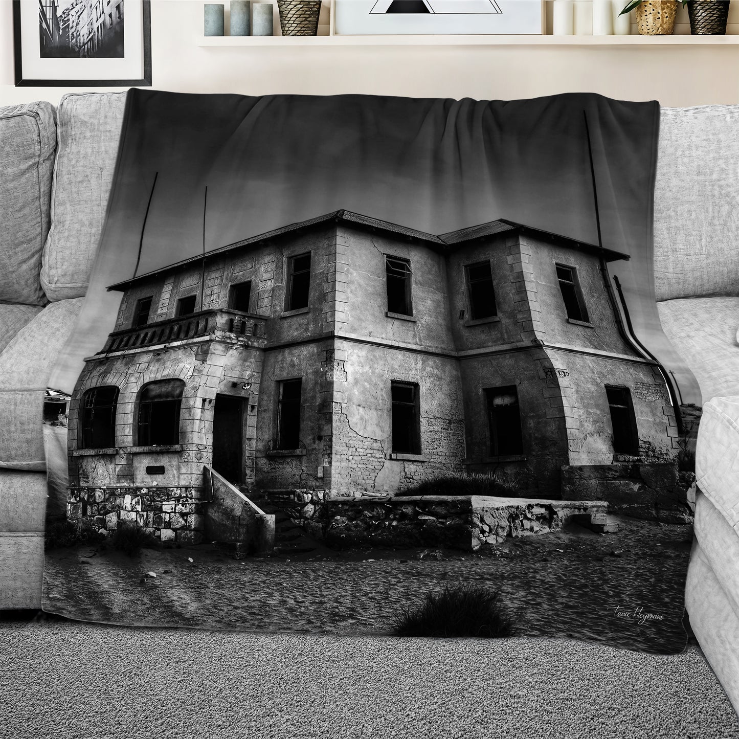 Kolmanskop Ghost Buildings Black and White Light Weight Fleece Blanket By Fanie Heymans