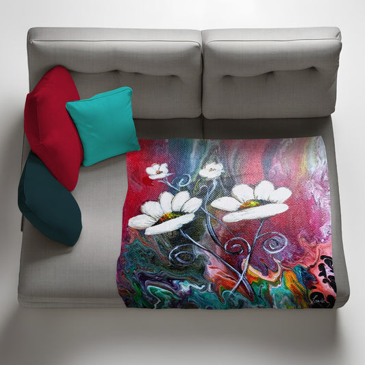 Alcohol Ink Painted White Flowers Light Weight Fleece Blanket By Lanie’s Art