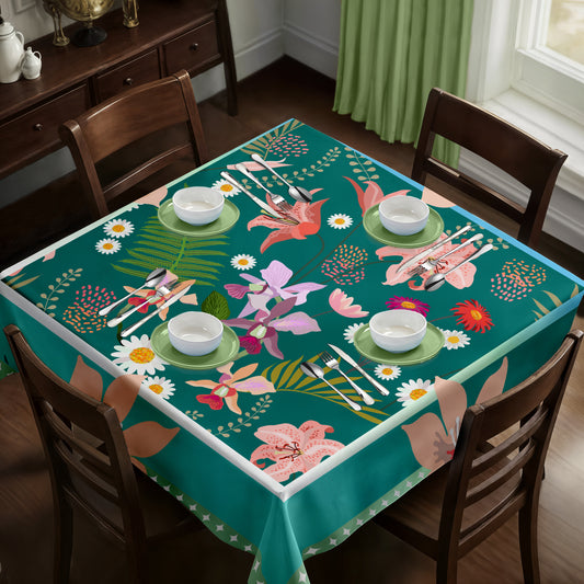 Leavy Plkants on Green Square Tablecloth