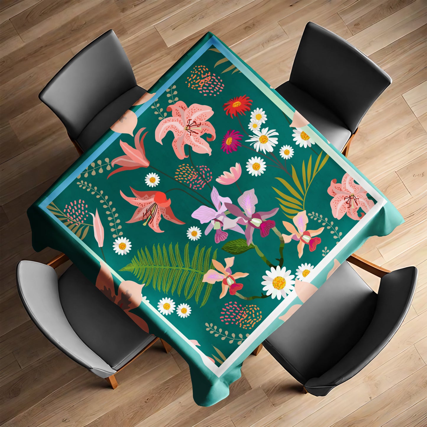 Leavy Plkants on Green Square Tablecloth