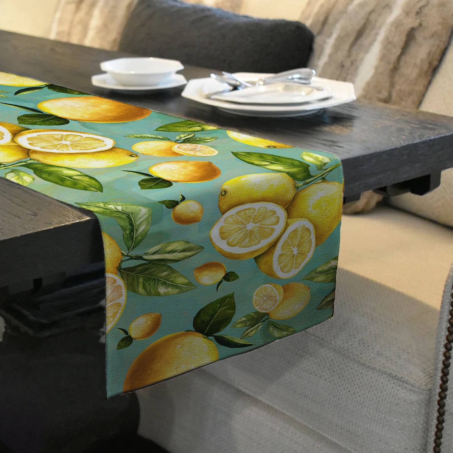 Lemons On Green Table Runner by Mark van Vuuren