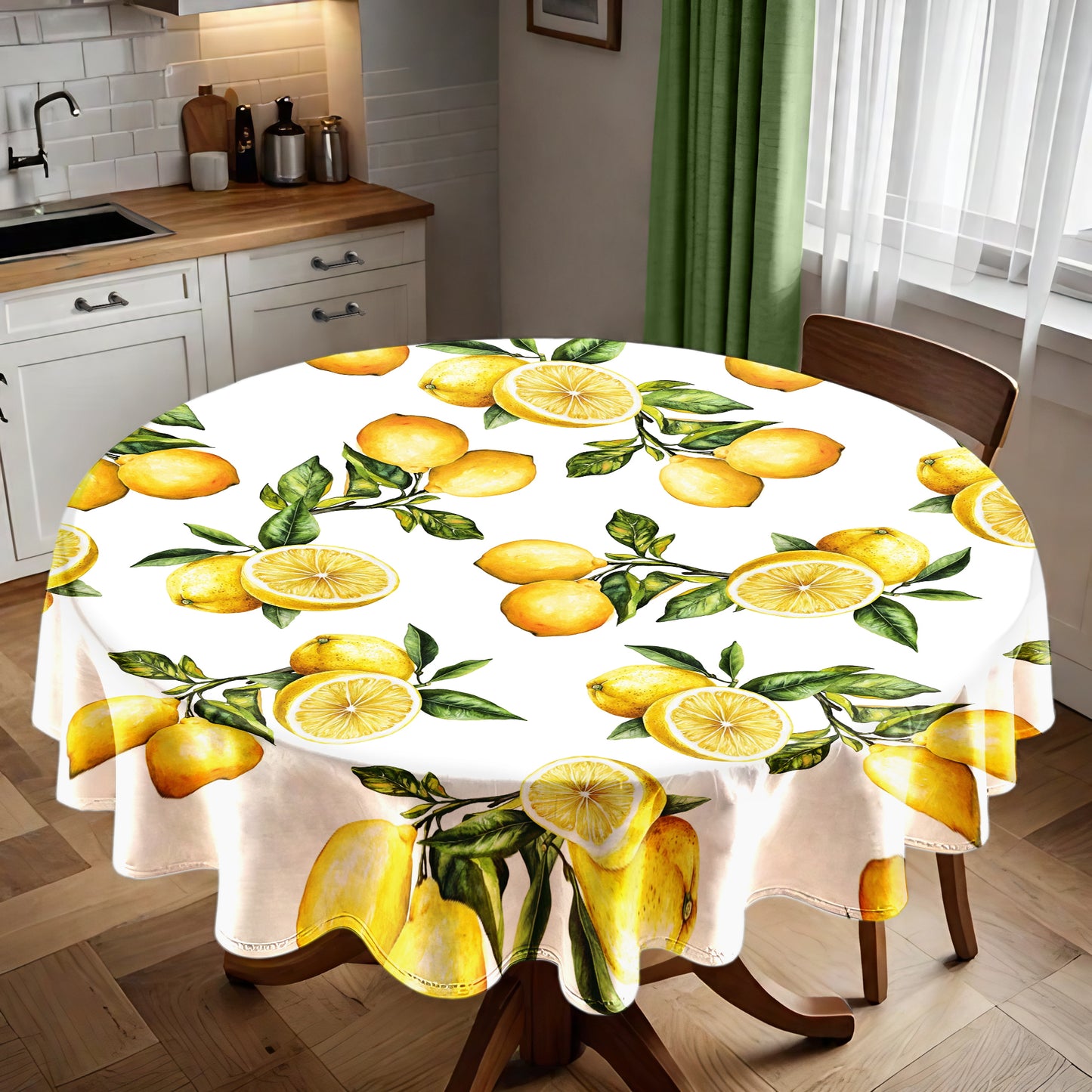 Lemons On White Round Tablecloth by Mark van Vuuren