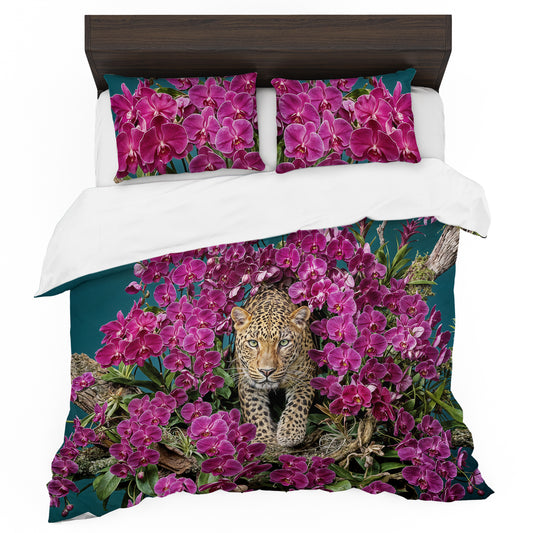 Leopard Magenta Orchids Duvet Cover Set