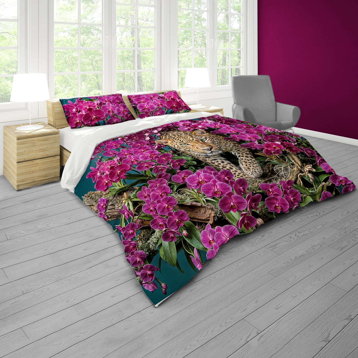Leopard Magenta Orchids Duvet Cover Set