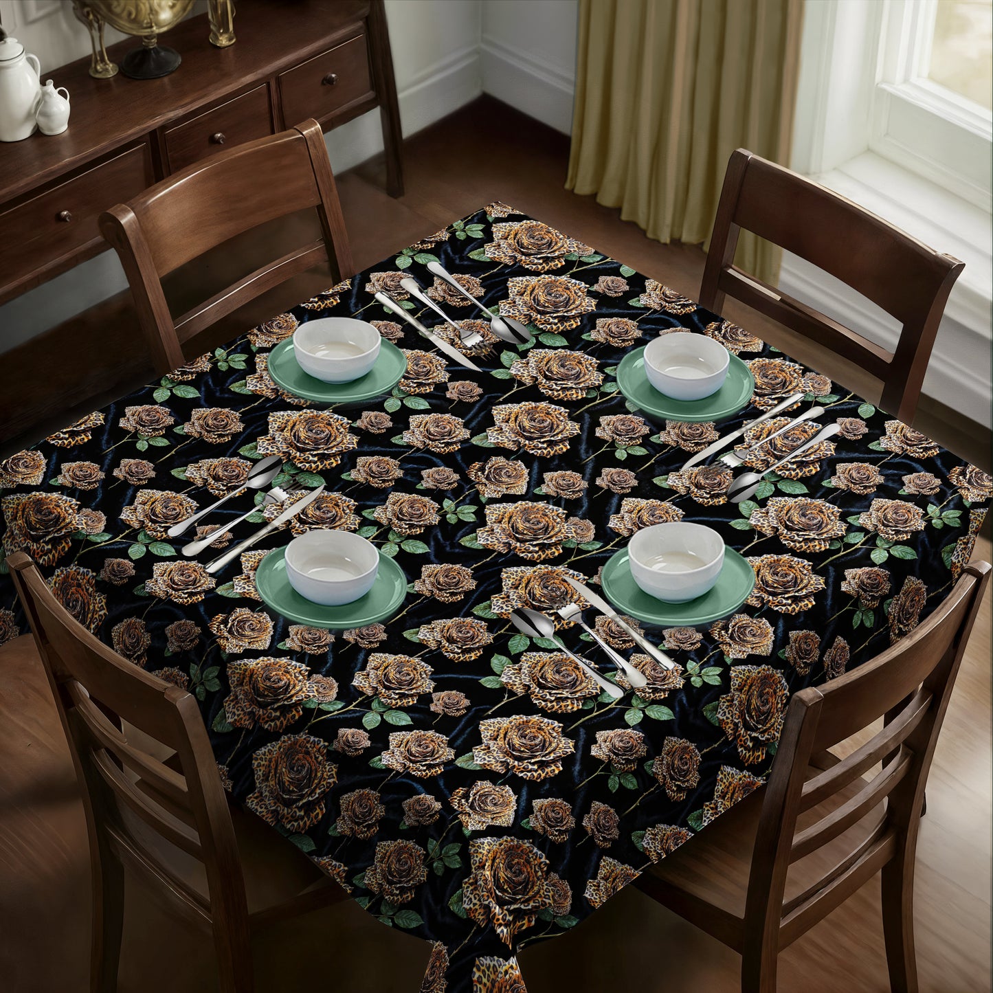 Leopard Roses Square Tablecloth