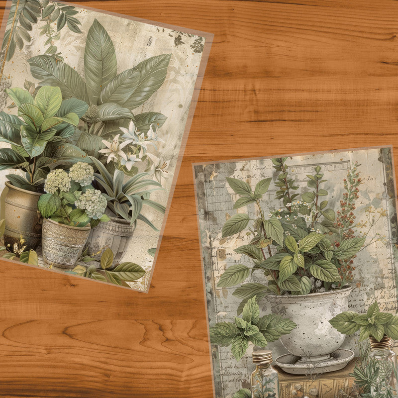 Life Memories of Green Floral Pots Decoupage 800mm x 600mm