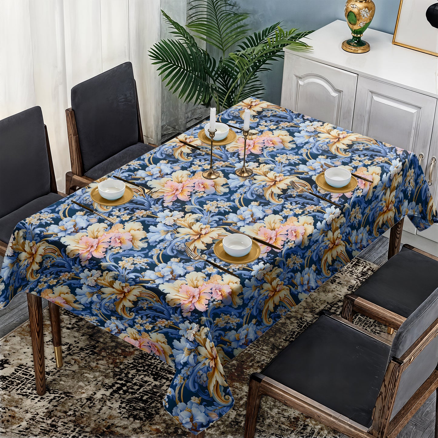 Light Blue Floral Rectangle Tablecloth