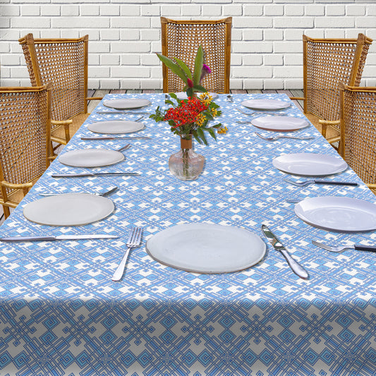 Light Blue on White Geometric Pattern 3m Rectangle Tablecloth