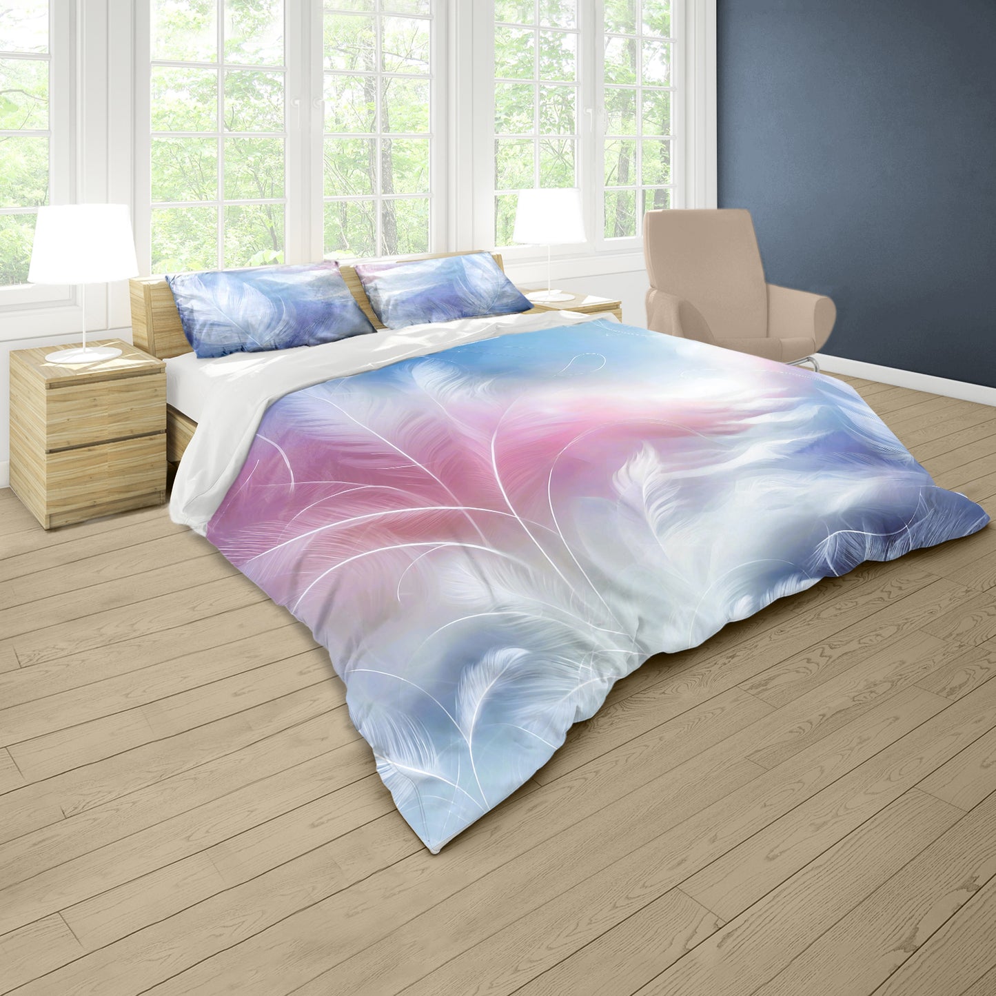 Light Blue to Pink Plume Duvet Cover Set