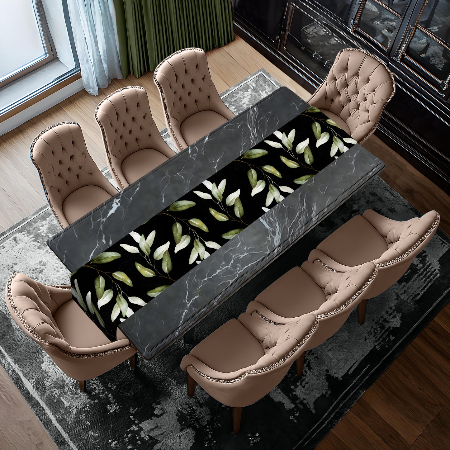 Light Green Leaves on Black Table Runner by Mark van Vuuren
