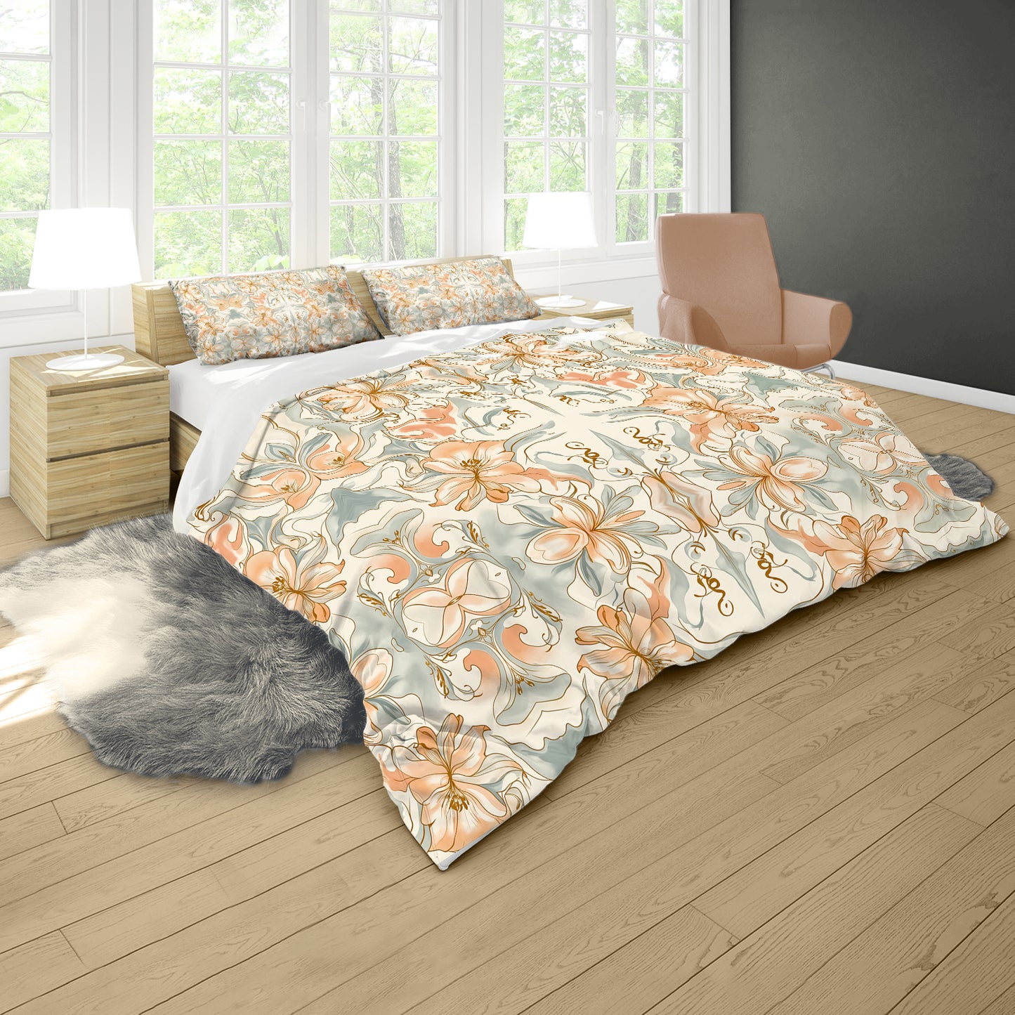 Lilies On Cream Duvet Cover Set