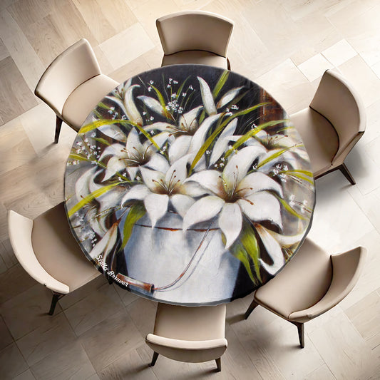 Lilies on Window By Stella Bruwer Round Tablecloth