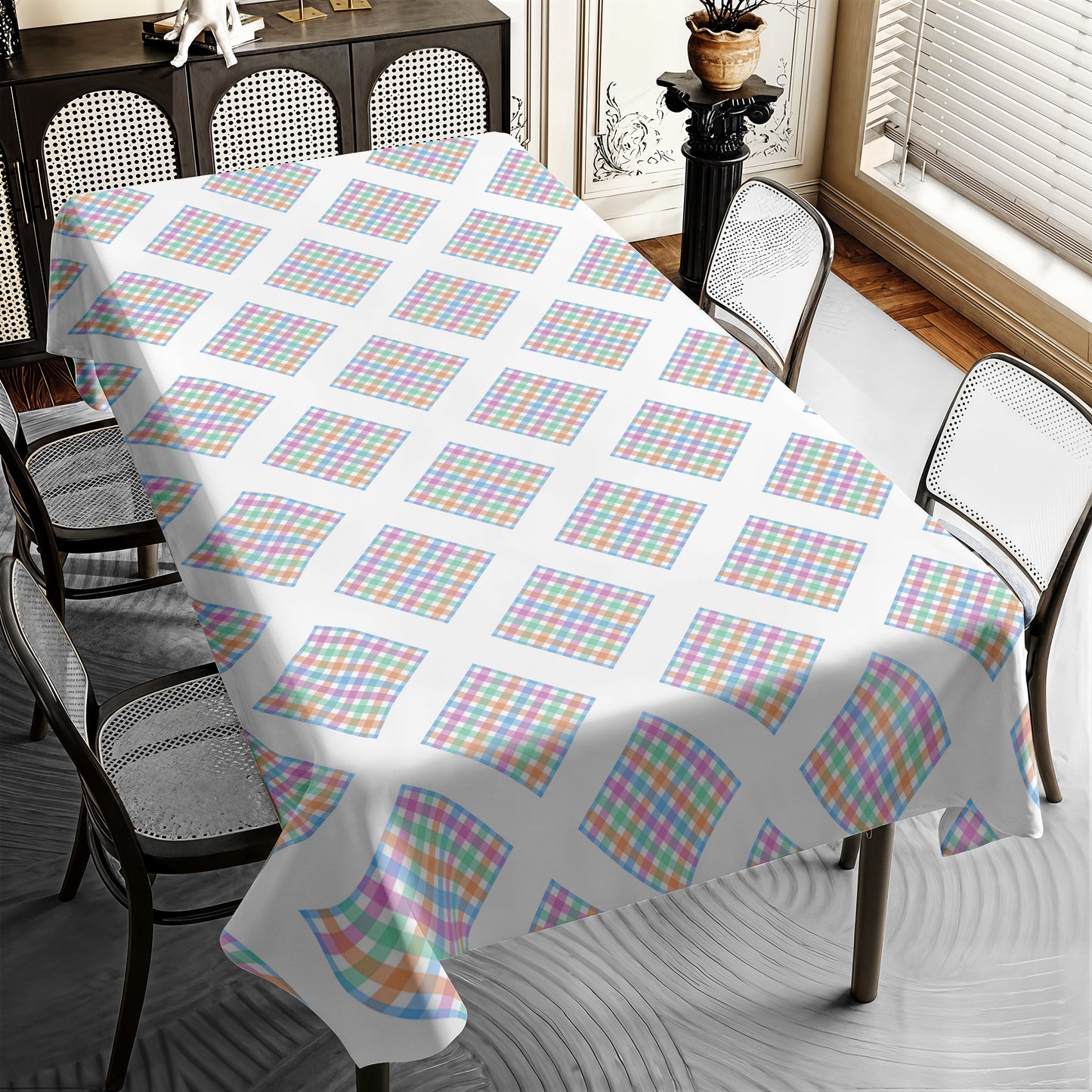 Line Squares on White Rectangle Tablecloth