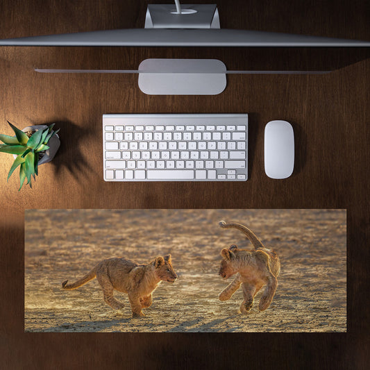 Lion Cubs playing early morning Large Desk Pad By Fanie Heymans