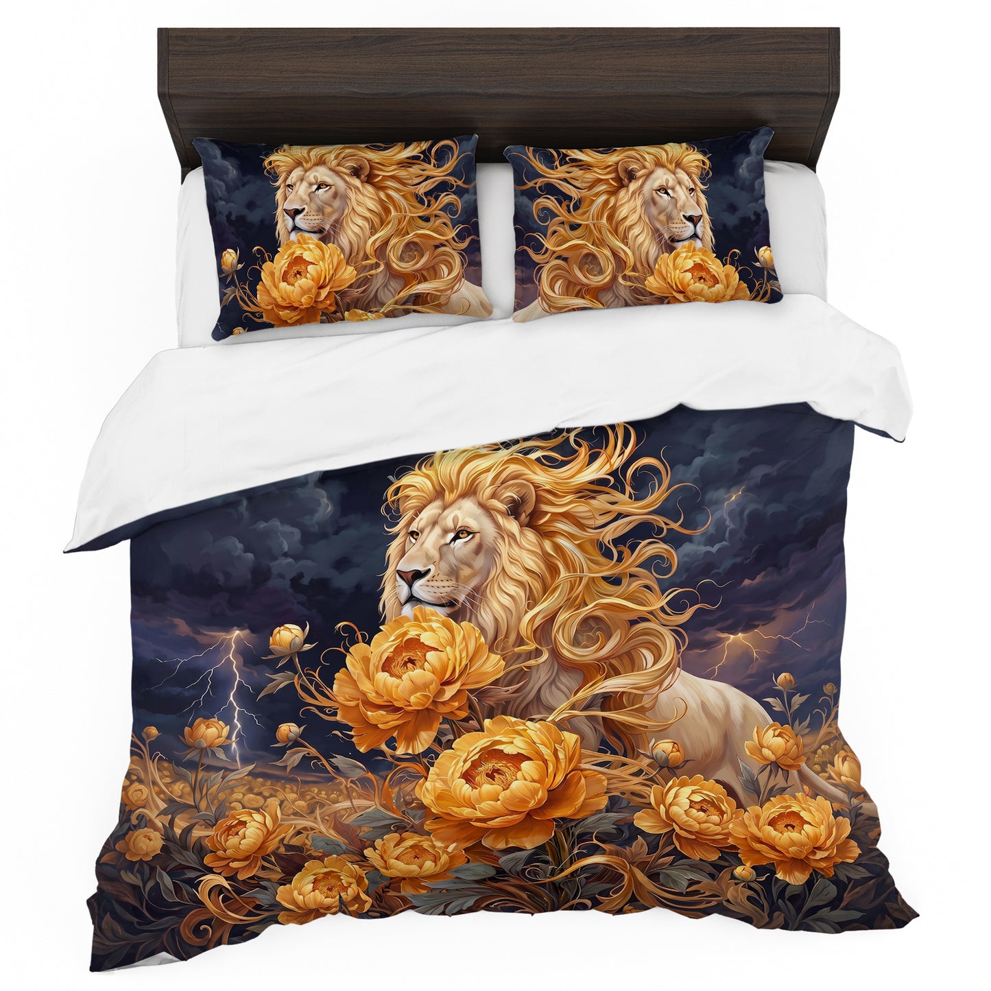 Lion Crowned in Peonies Duvet Cover Set