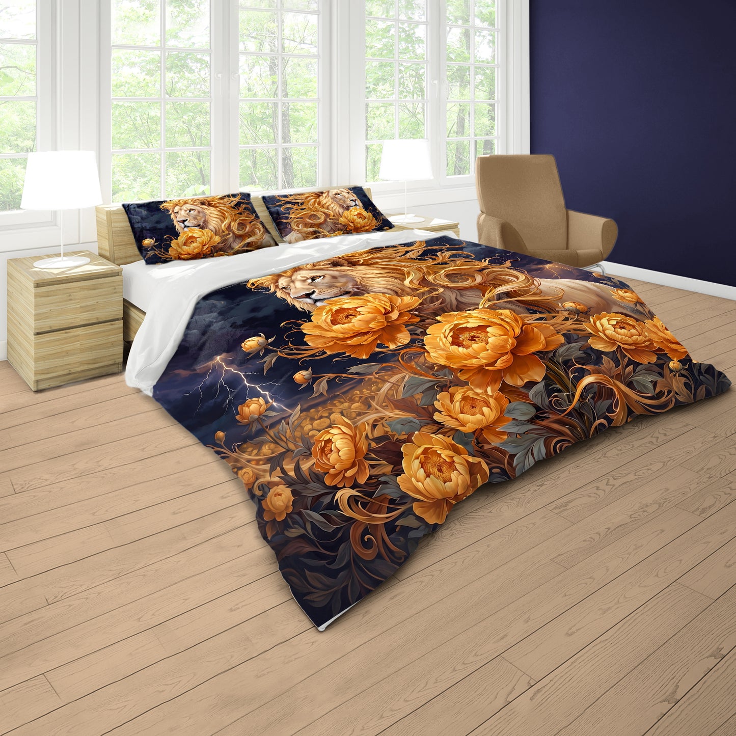 Lion Crowned in Peonies Duvet Cover Set