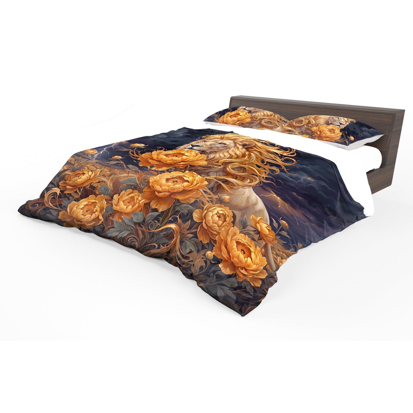 Lion Crowned in Peonies Duvet Cover Set