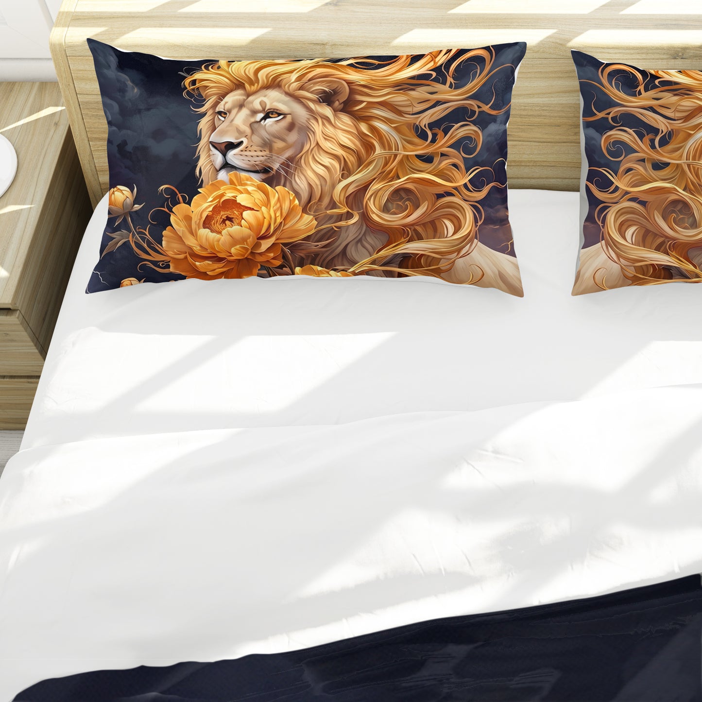 Lion Crowned in Peonies Duvet Cover Set