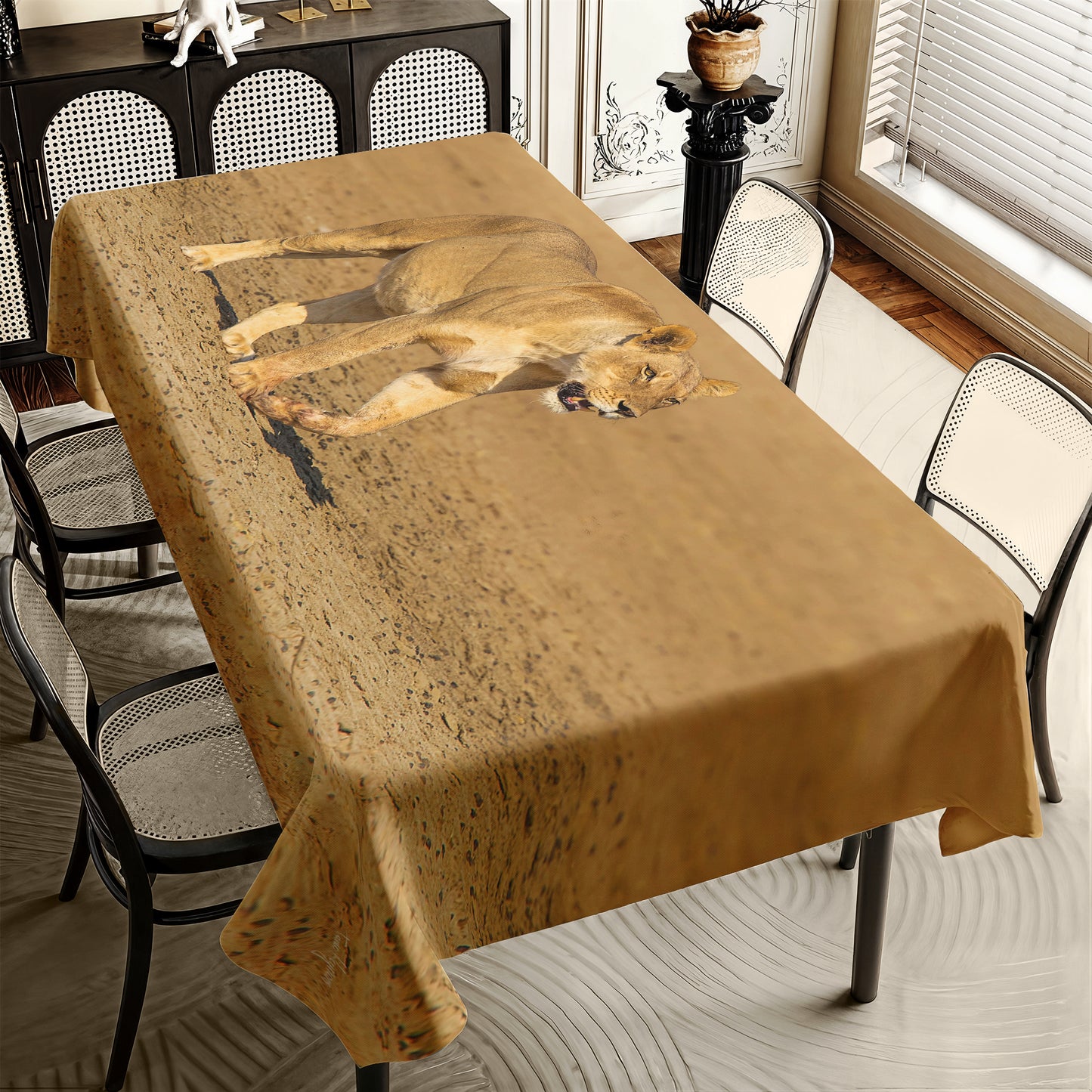Lioness Strolling in Nossob Riverbed By Fanie Heymans Rectangle Tablecloth