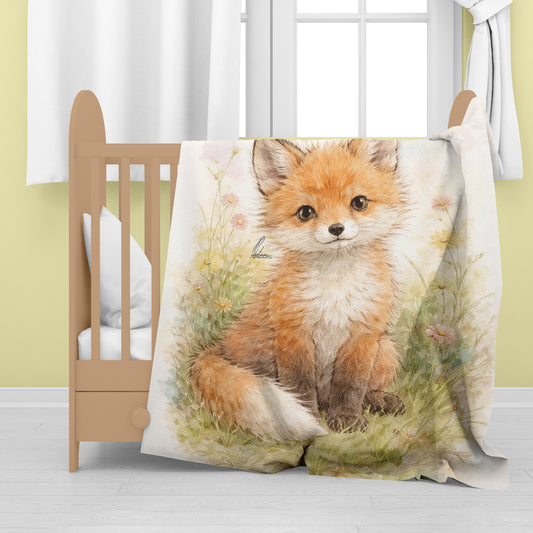 Little Fox Sitting Watercolor Baby Fleece Blanket by Nathan Pieterse