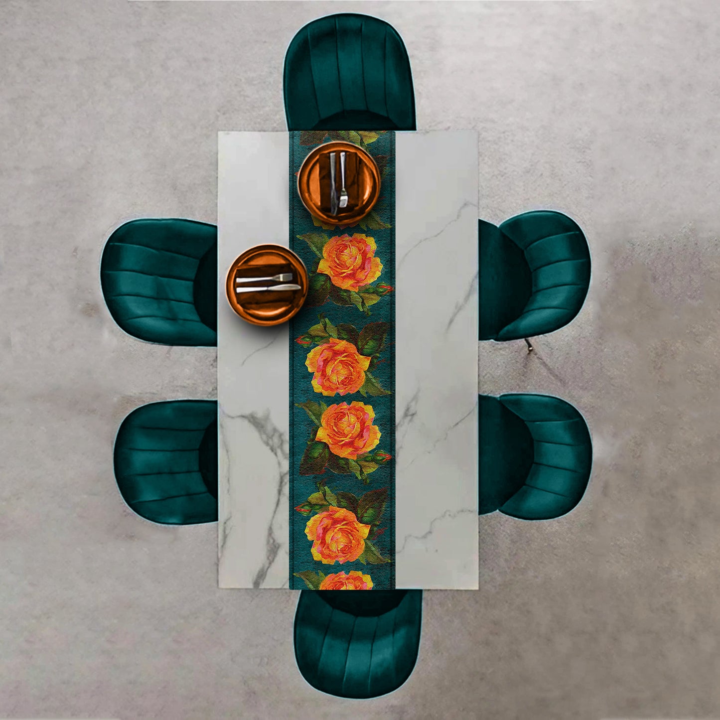 Orange Water Painted Flowers on Emerald Green Table Runner By Mark van Vuuren